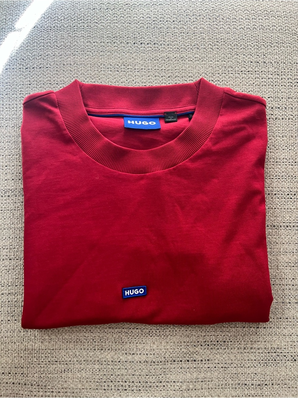 HUGO Men's Deep Red Crewneck Sweatshirt with Logo Patch